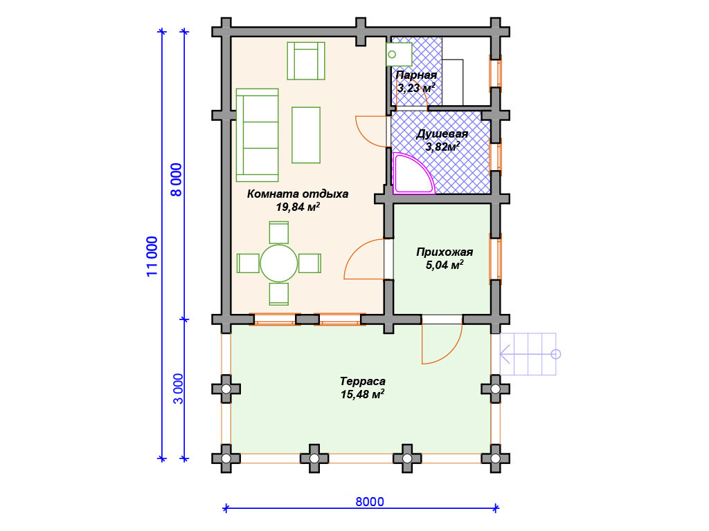 Проект бани 5х8 с комнатой отдыха