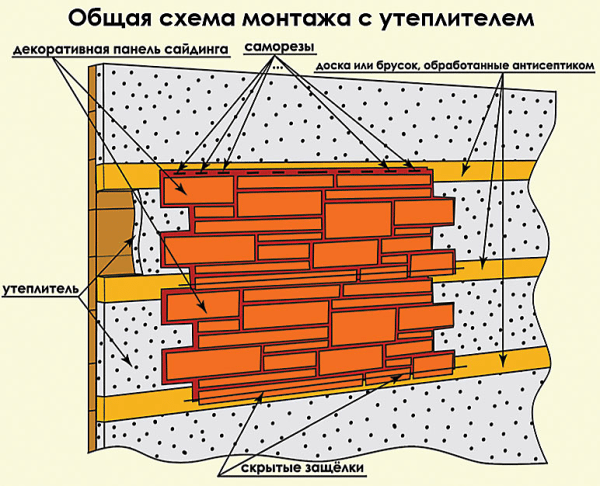 Схема монтажа цокольного сайдинга с утеплителем