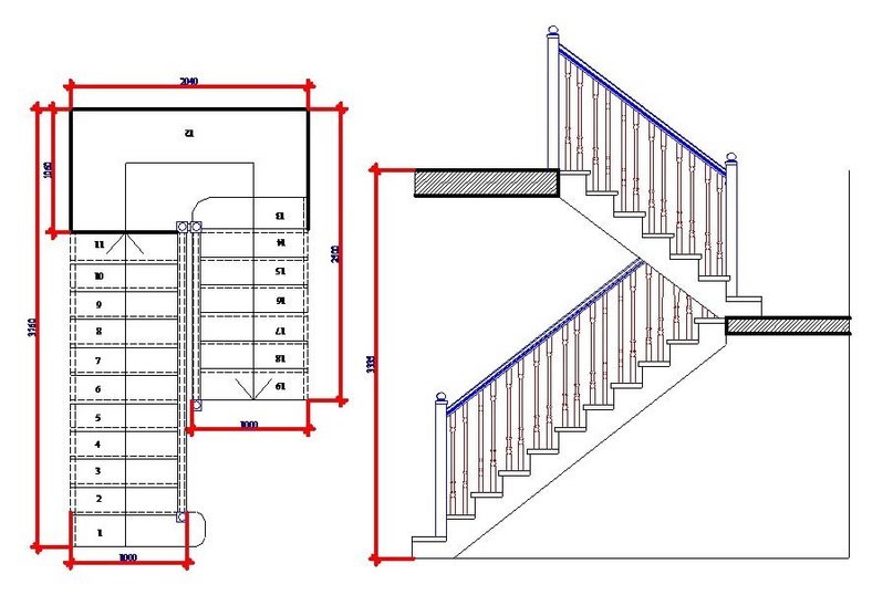 Чертеж двухмаршевой лестницы