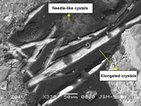 A magnified image clearly showing the elongated and fine needle-like crystals in the crack.